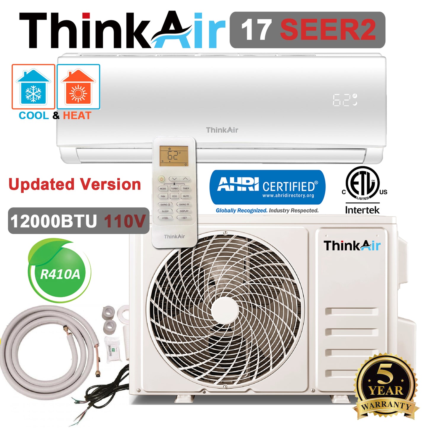 ThinkAir 12000 BTU Mini Split 17 SEER2 Ductless Air Conditioner Heat Pump 1 Ton 110V