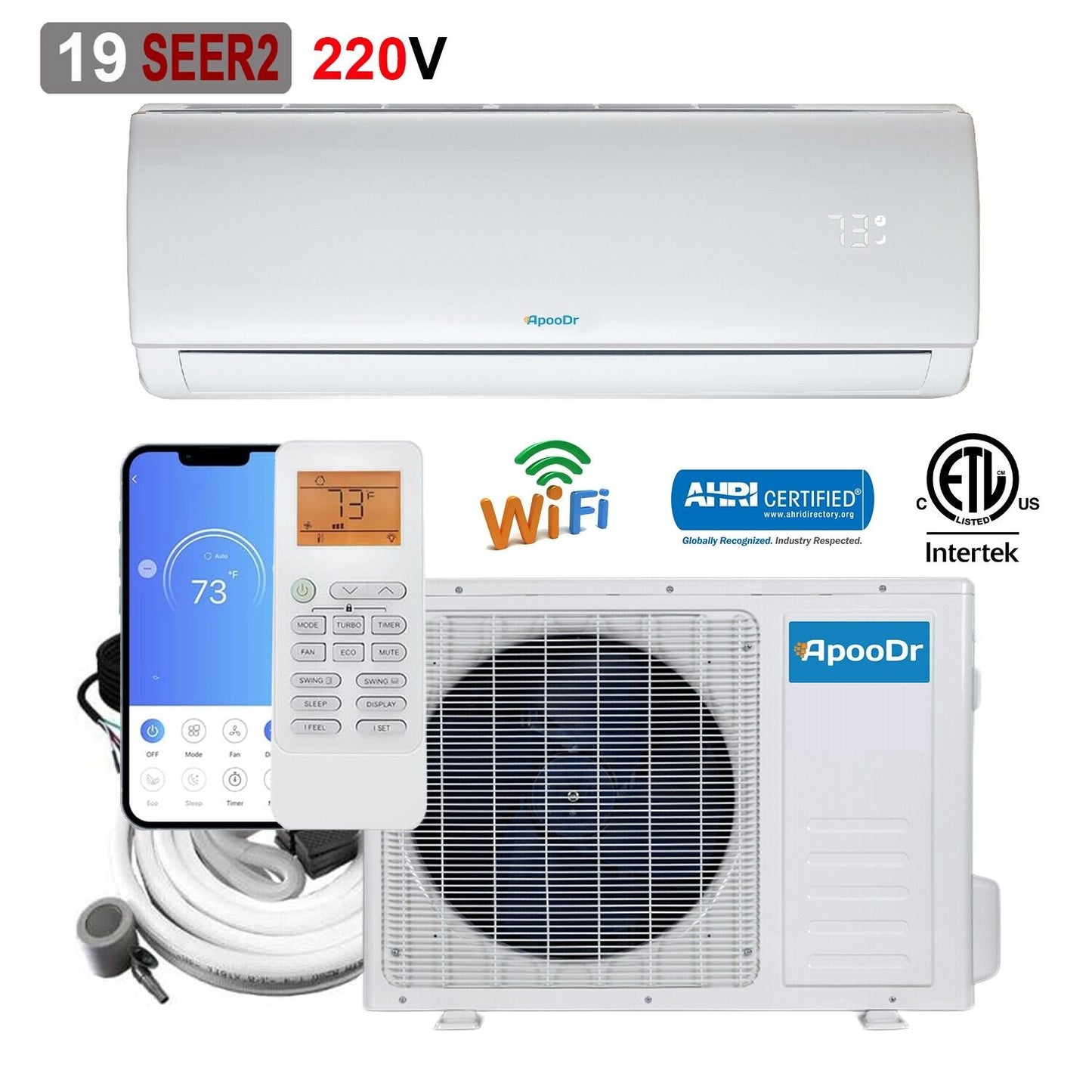 18000 BTU 19 SEER2 Mini Split Air Conditioner Inverter Heat Pump 220V Wifi